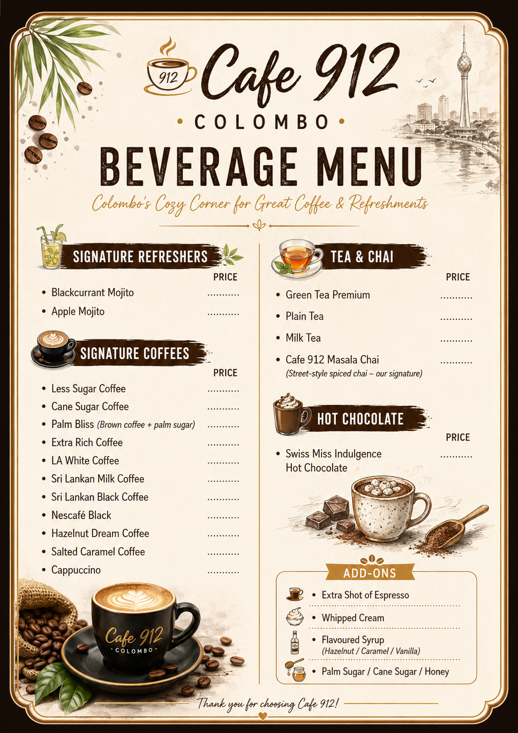 Cafe 912 Colombo beverage menu poster